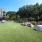 a grassy area with a fence and trees in the background